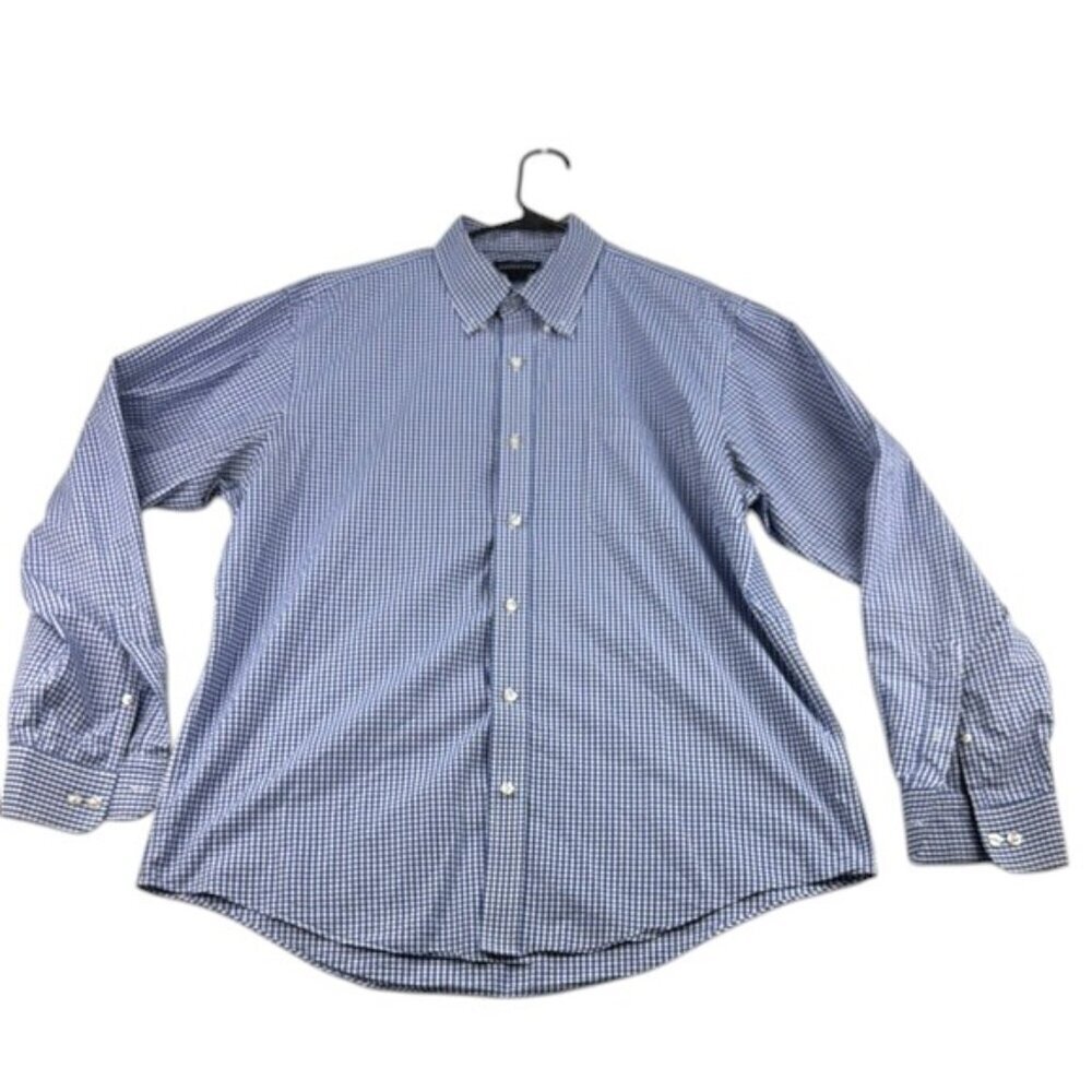 Land's End Shirt Button Down Traditional Fit Blue White Cotton Men's Size L